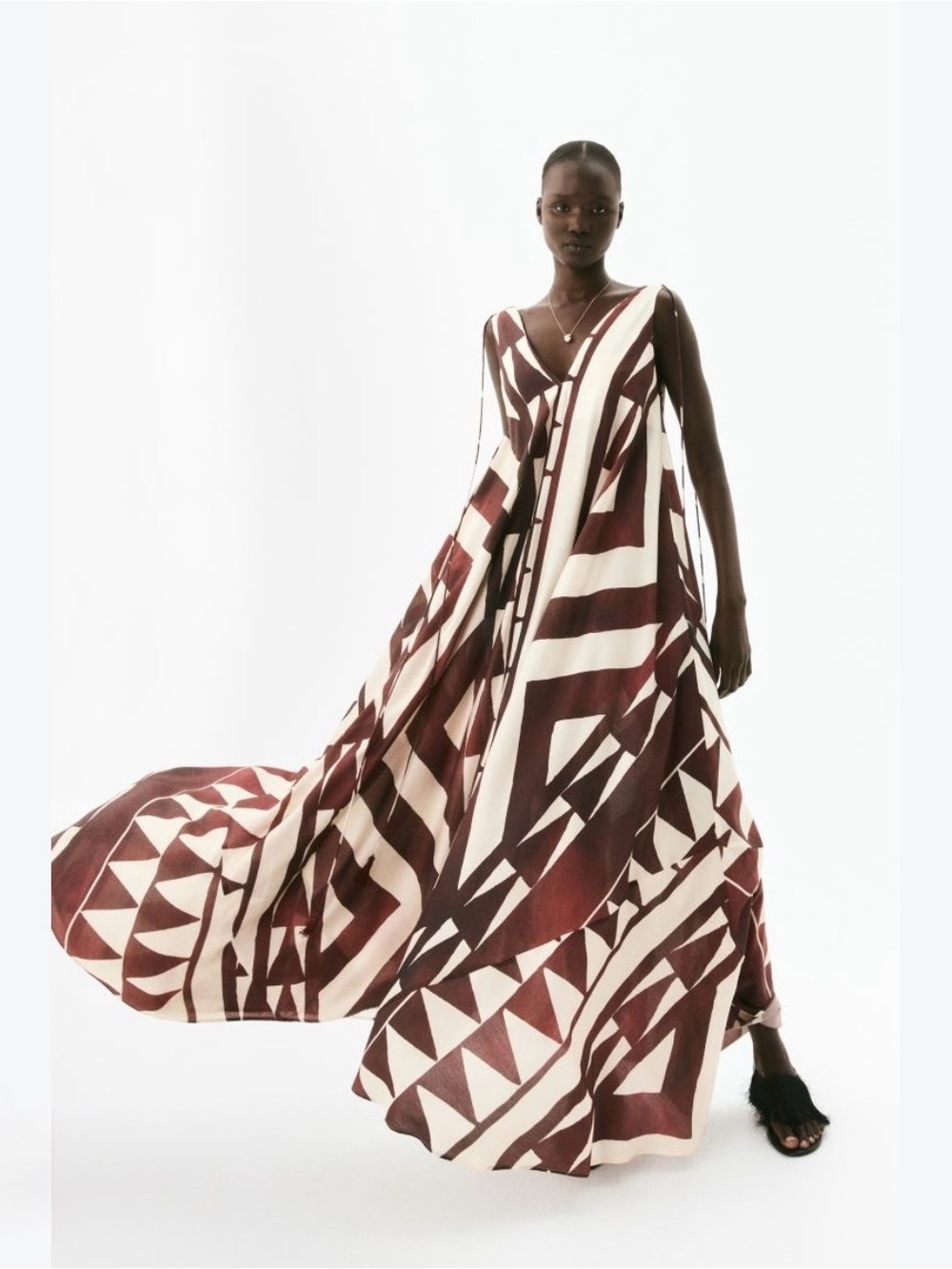 H&M Edition Rust Red Patterned Voluminous Sleeveless V Neck Maxi Dress Small